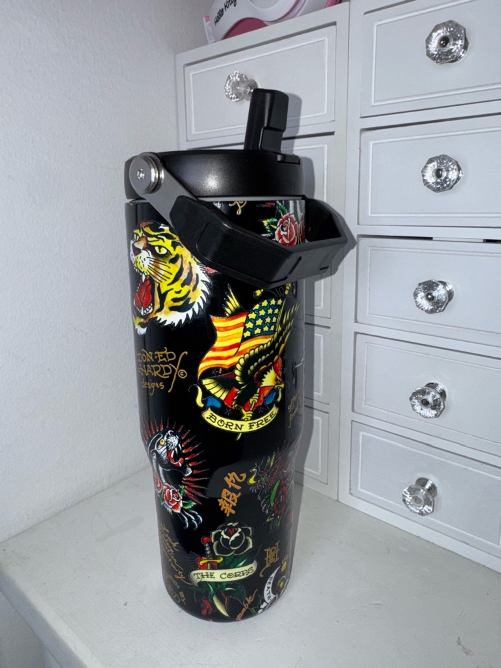 NWT Ed Hardy Tattoo-Style Insulated Tumbler with Handle - Black